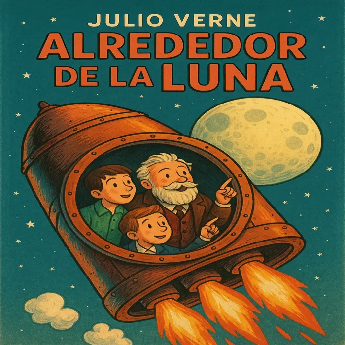 Ilustración de un pirata observando un barco en la costa, con un cielo estrellado y vegetación exótica.